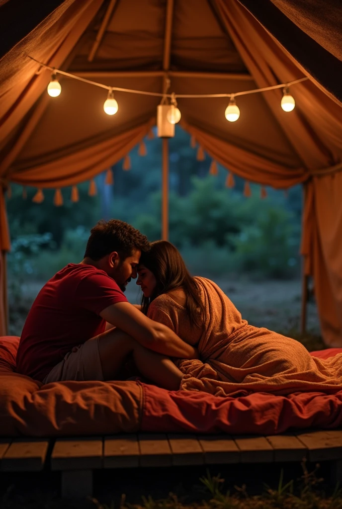 Radha krishna romantic nude hug in a jumgle hut in the night, lying over a wooden bed. Image from a distance.
