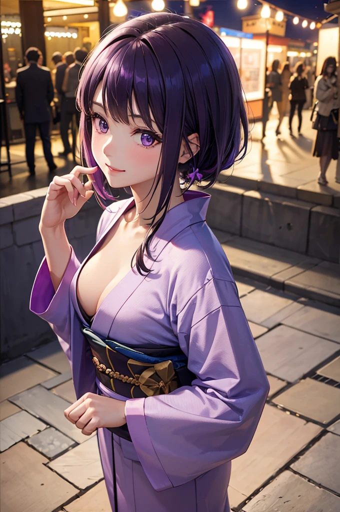 Best Quality,High resolution,8k,finelity detailed background,Masterpiece:1.2),beautiful girl,Shiny purple hair,bob cut,Purple Eyes,Gentle look,A refreshing look,smile,Best quality,Best Quality,Aesthetic and aesthetic:1.2,Best details((Super detailed))(High-definition CG illustrations),kimono,yukata,Slender body,night,festival,smile,blush,cute,Scrounge,Looking up,Being spoiled,super model,wariza,shoot from above
