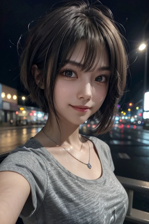 Full-body photo,(Surreal) , (Like the picture:1.4),(Increase the resolution), (8k), (Very detailed), (Beautiful and detailed), (Highest quality), (Very detailedな), (masterpiece), (wallpaper), (Detailed face), alone,1 girl, perfect beautiful japanese woman:1.4、19 years old、Looking at the audience, Subtle details, Detailed face, cloudy, Deep Shadow, A kind smile,Short Hair Silver Color Mesh,My hair is messy,look up,(T-Shirts:1.2),The background is night,Camera angle: High angle,Various poses,necklace,Pin on right ear,Attractive face, Mid-chest, Dynamic pose,