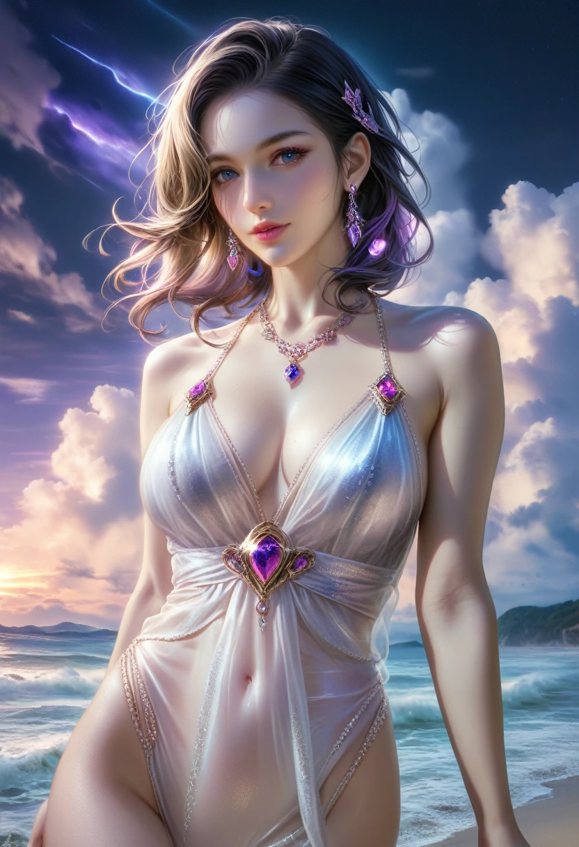 score_9, score_8_superior, score_7_superior, A masterpiece in 32K resolution,Highest quality,it is really amazing,Very detailed,Ultra-high resolution,Ultra-realistic,Realistic,Increased depth of field,Cinematic lighting,
Sexy mature Japan woman,
black straight medium hair,Ultra-detailed and beautiful face,Gentle expression,Translucent white skin,Realistic skin texture,
Elegant swimwear,
Elegant and luxurious design,Colorful color patterns,Beautifully detailed decoration,Detailed fabric texture,
Gorgeous necklace,Earrings,
Clouds before the storm,Dark clouds floating in the dark night sky,Thunderclouds rolling in,Coastline at night,delay々A desolate sandy beach that continues,
Dramatic Angle,