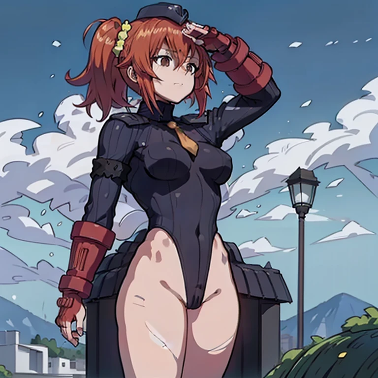 best detailed, Highly detailed,Beautiful body,Beautiful Nose,perfect eyes,perfect face,ultra highres,beautiful legs,Perfect hands,Masterpiece,illustration,,perfect anatomy,street fighter,doll suit,shadaloo doll,dollsuit,expressionless,empty eyes,blank eyes,looking at viewer,red gloves,boots,emotionless,black latex,corruption,mind control,female combatant,full body,hypnotized,unhappy trance,full body suit,obey,extremely glossy latex,hypnosis,hypnoLora,Slave,necktie,yellow tie,standing,Fighting Stance,(salute),military,dark persona,(((pixel-perfect, detail-perfect))),(solo),1girl,orange hair,ahoge, sidelocks, medium hair, side ponytail, hair scrunchie, brown eyes,medium breasts, height:158cm, [strong]