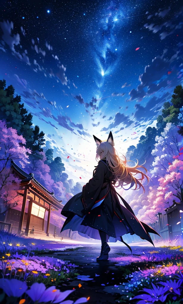 １people,Woman with long blonde hair，Fox Ears，Long coat，Takageta， Dress Silhouette， Rear View，Space Sky, Flower Field，Colorful flowers，Dancing Petals，full moon，shrine，