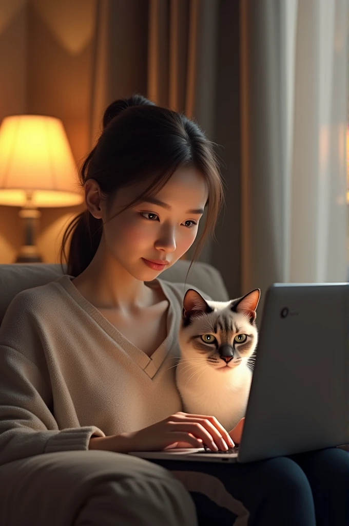 A woman with tied hair working on her laptop watching Netflix with her Siamese cat next to her