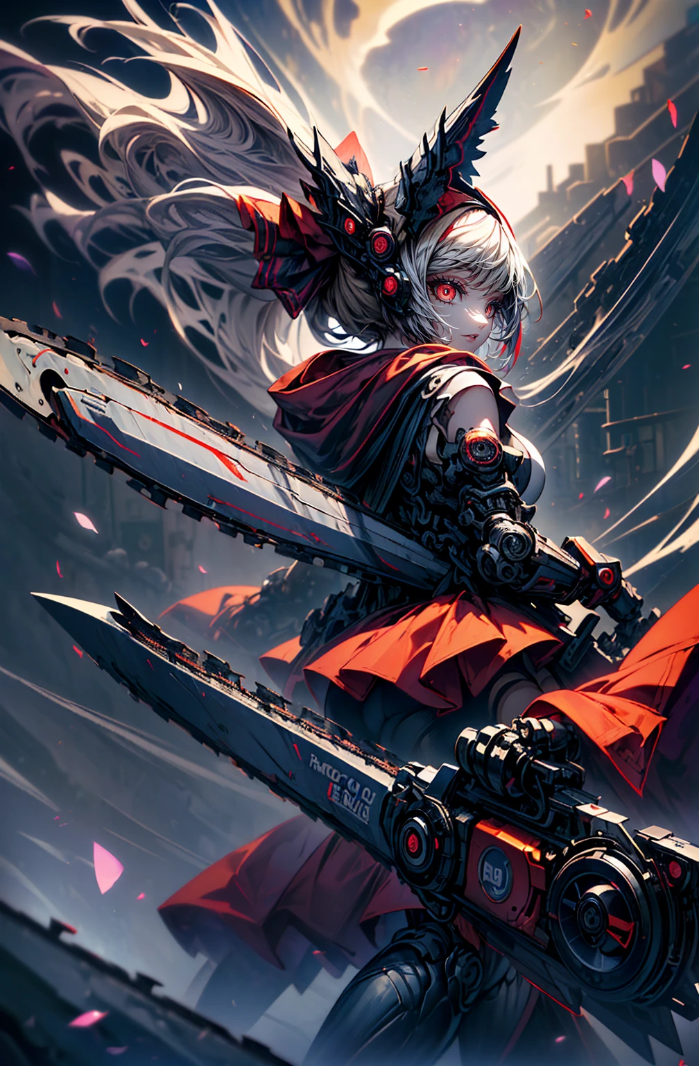 Little Red Riding Hood、super high quality、8K quality、High resolution、Image quality captured with a single-lens reflex camera、(software)、Perfect Anatomy、(1. テーマはLittle Red Riding Hoodを着たゴシックパンクガール)Beautiful blonde 20 year old girl.Orange eyes、(Good shape、Normal chest、Cleavage)、(Black mechanical parts for arms and legs、3D, Realistic mechanical parts)(Mechanical parts wings on the back)(Equipped with a chainsaw:1.2)break、(Perfect Anatomy:1.4)break(Rear view、Recall、avert your eyes:1.3)Petals flutter(Smoke rising from the battlefield、Twilight Girl:1.5)
