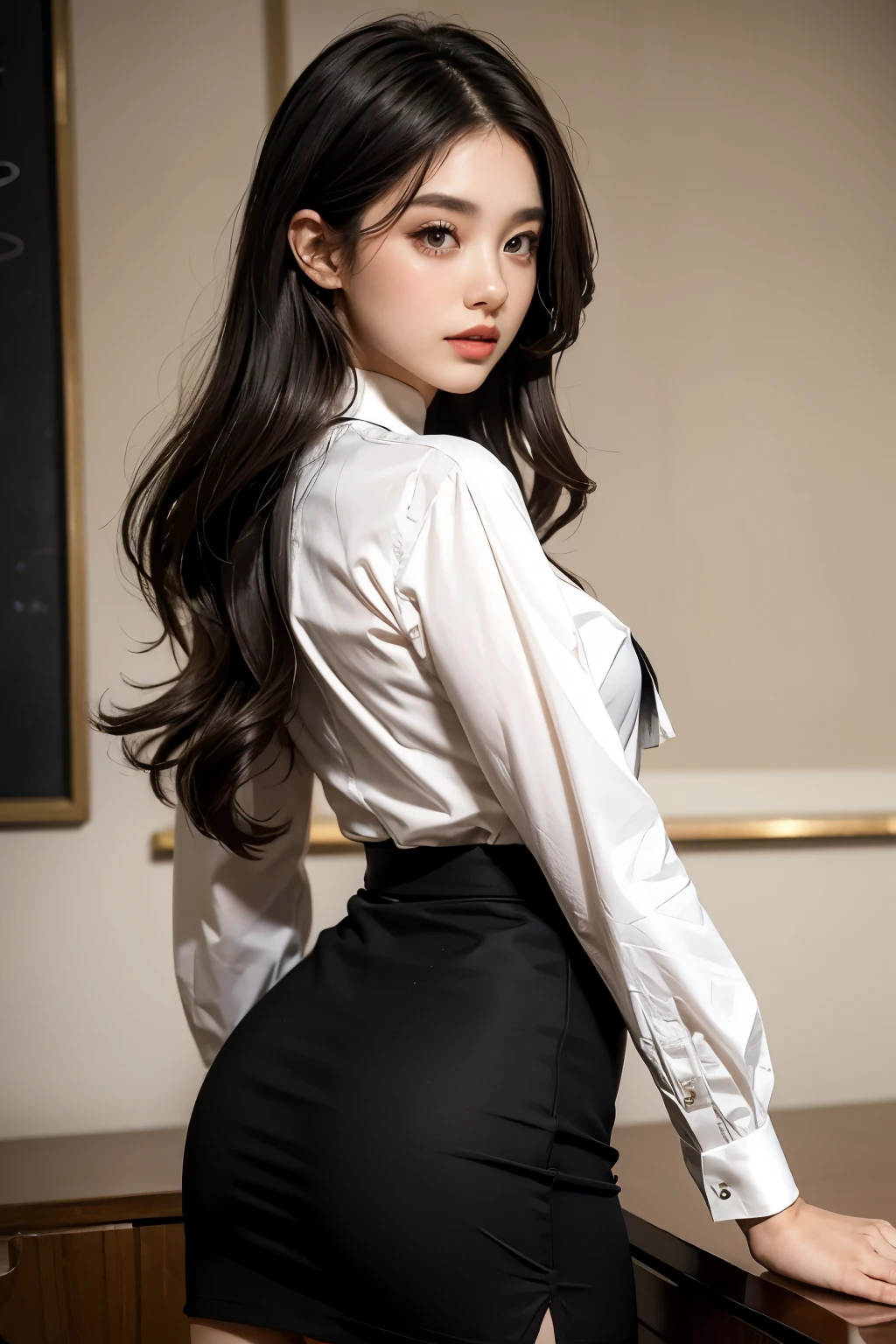 This beautiful teacher、She was wearing a simple and elegant white shirt and a black, super-mini tight skirt.。, Showing off her tall figure and graceful curves. Her long hair was a shawl, A little curled, It gave off a faint fragrance. Her features are delicate, Her eyes are bright and lively, Her eyebrows are thin and natural, Her lips are rosy and sexy, Her face is round and smooth.
