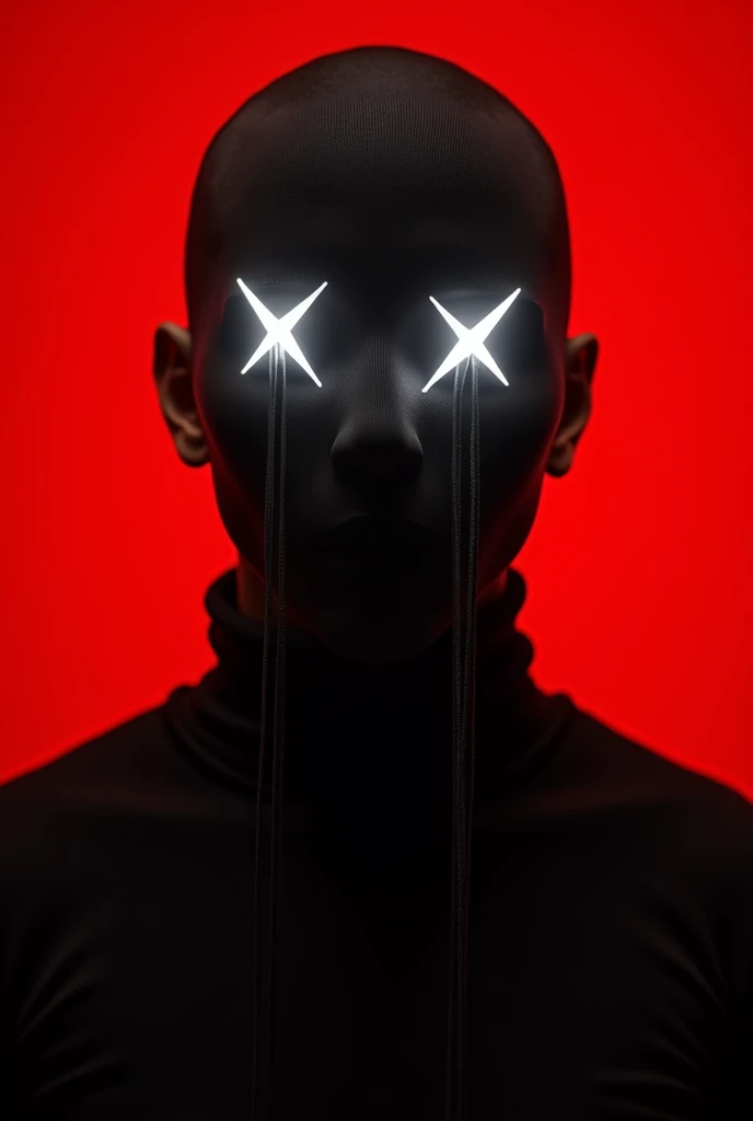 mug shot, portrait of a human wearing a black turtleneck and white glowing eyes mask with two long thin strings hanging from the top to bottom on both sides against a red background