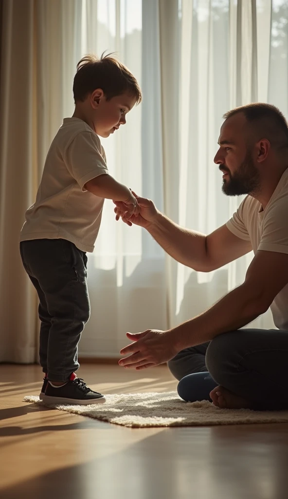 a son lying on the floor and the father extending his hand to help the son stand up
