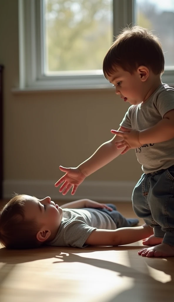 a son lying on the floor and the father extending his hand to help the son stand up