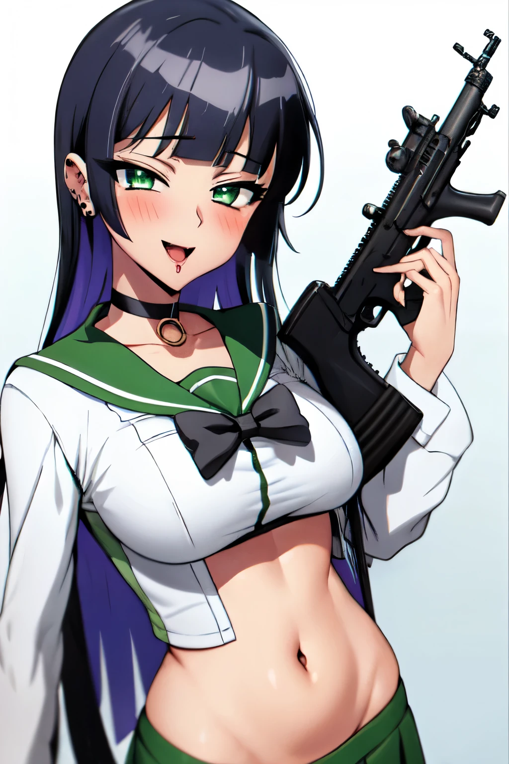 pa-san, blunt bangs, choker, colored inner hair, black hair, purple hair, green eyes,
blush, lipstick,,jewelry, earrings, Hot girl, baddie, bad attitude, mean girl, crazy, smoking, sensual, attractive , masterpiece, best quality, highly detailed, a anime girls in sailor uniforms with a gun posing for a picture,
evil smile, smile, open mouth,black_serafuku, ecchi anime style, anime girls ,
ecchi style, ecchi, shipgirls, digital anime art!!, high school girls, holding a gun, hold a gun, anime style 4
k, micro skirt, exposed belly, exposed navel, exposed midriff, holding pistol,underboob,
exposed lower belly,school, classroom,, 