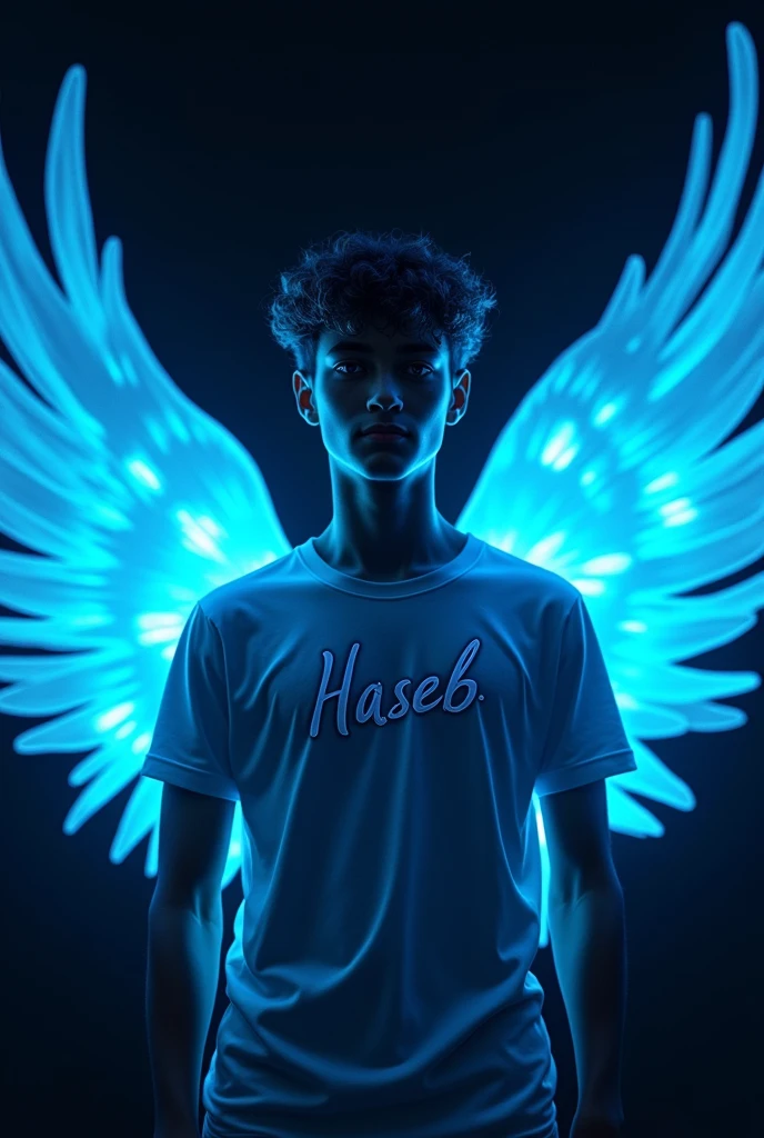 A boy of 18 year old very beautiful & his hear are too beautiful he wear t shart write on shart" Haseeb". with neon blue light boy is in attitude back ground is black. Boy having wings of neon light his body is full fill mean his missals is tide his hear and eyes are shine with neon blue light