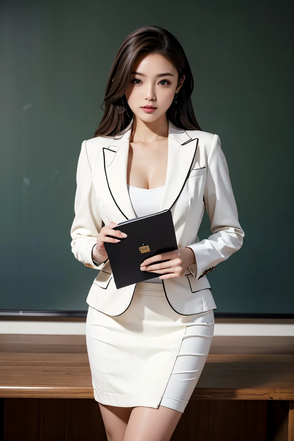 Masterpiece(1.4)，Highest quality(1.5)，Highest quality，8k、16K，wallpaper，Ultra-high resolution，Extremely detailed，Japanese，Beauty，sexy，glamorous，Perfect Style，teacher，School classroom，business suit，White shirt，Tight Skirt，pumps，(A teacher checking attendance at a classroom podium in front of the blackboard, holding an attendance book)，