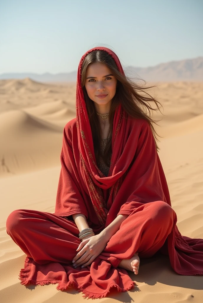Generate a beautiful baloch lady from Panjgur Balochistan is sitting in desert land of Balochistan