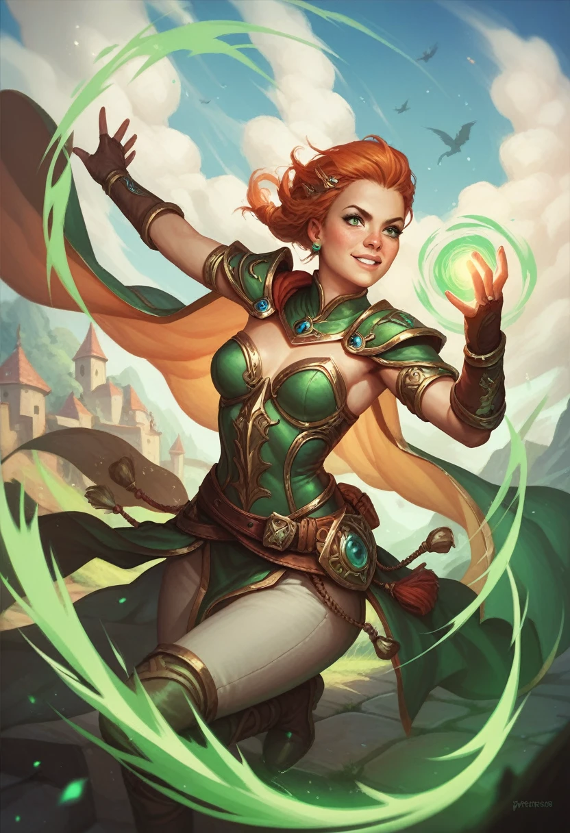 A powerful spell to create a magical barrier of protection, a woman using green magic to summon a magical shield perfect for a fantasy world.