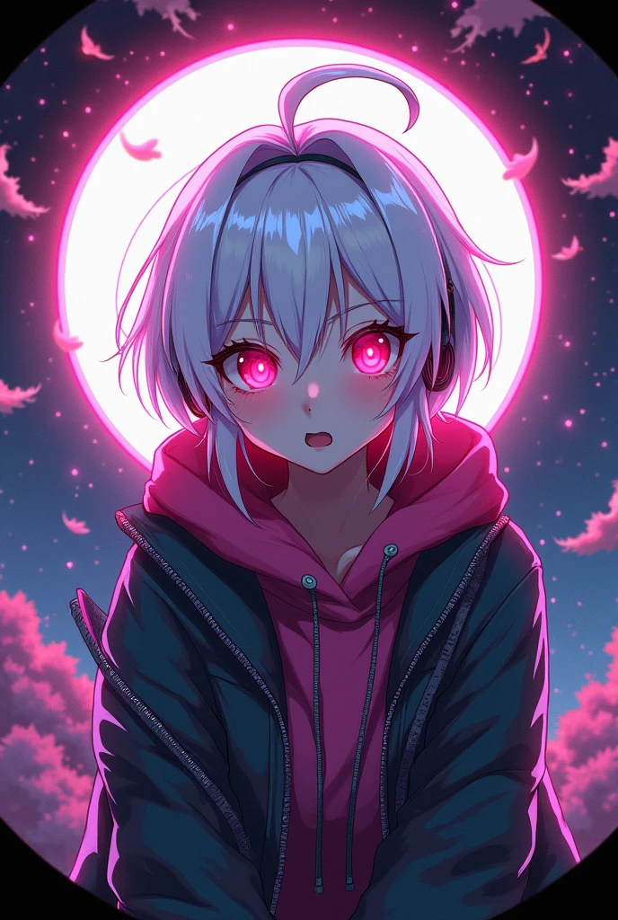 In the style of Y2K digital art, a cyberpunk-inspired character with white hair and glowing red eyes is depicted in an anime-like setting within a circular frame. The background features psychedelic patterns and colors