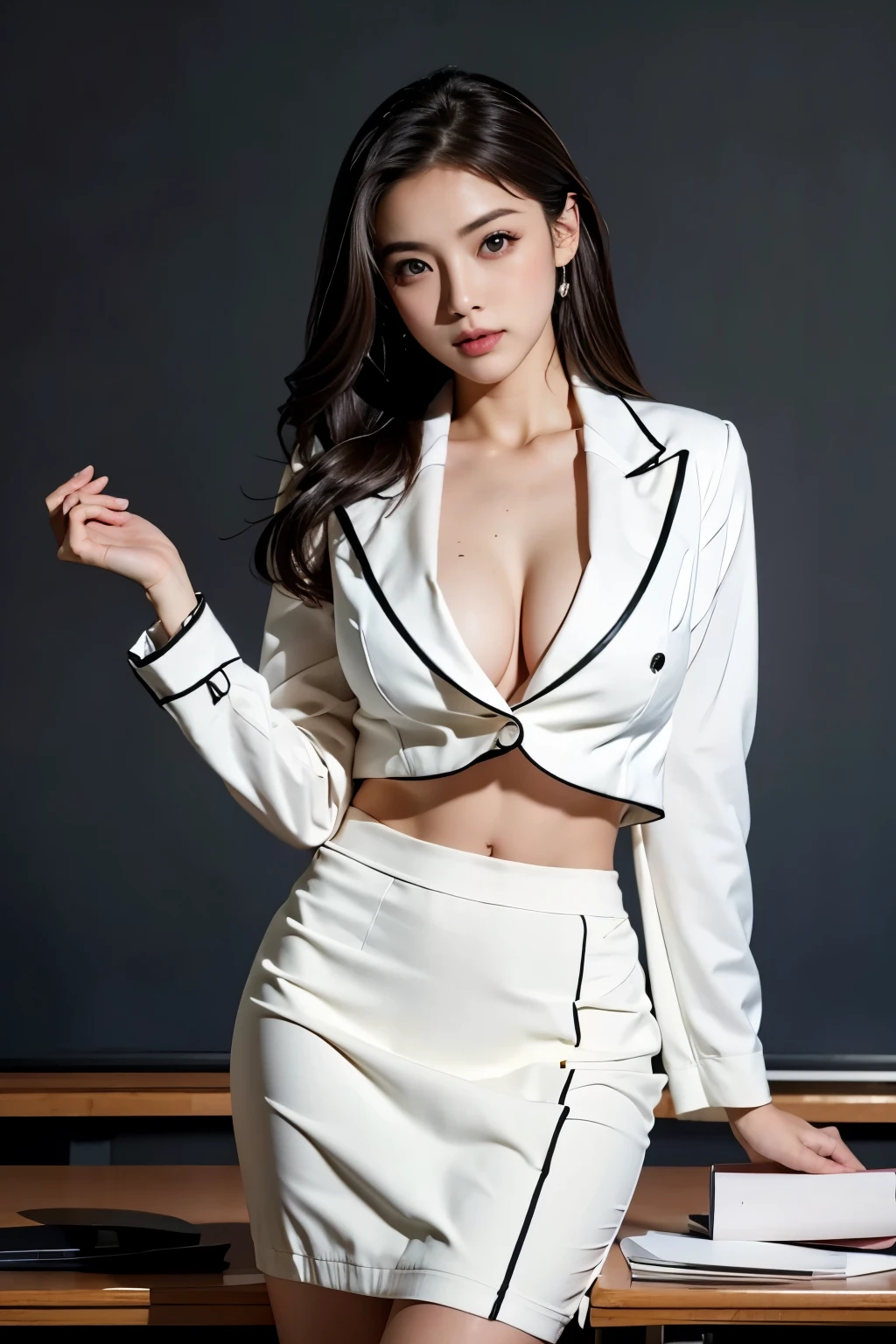 Masterpiece(1.4),Highest quality(1.5),Highest quality,8k、16K,wallpaper,Ultra-high resolution,Extremely detailed,Japanese,Beauty,sexy,glamorous,Perfect Style,teacher,School classroom,business suit,White shirt,Tight Skirt,pumps,(A teacher checking attendance at a classroom podium in front of the blackboard, holding an attendance book),