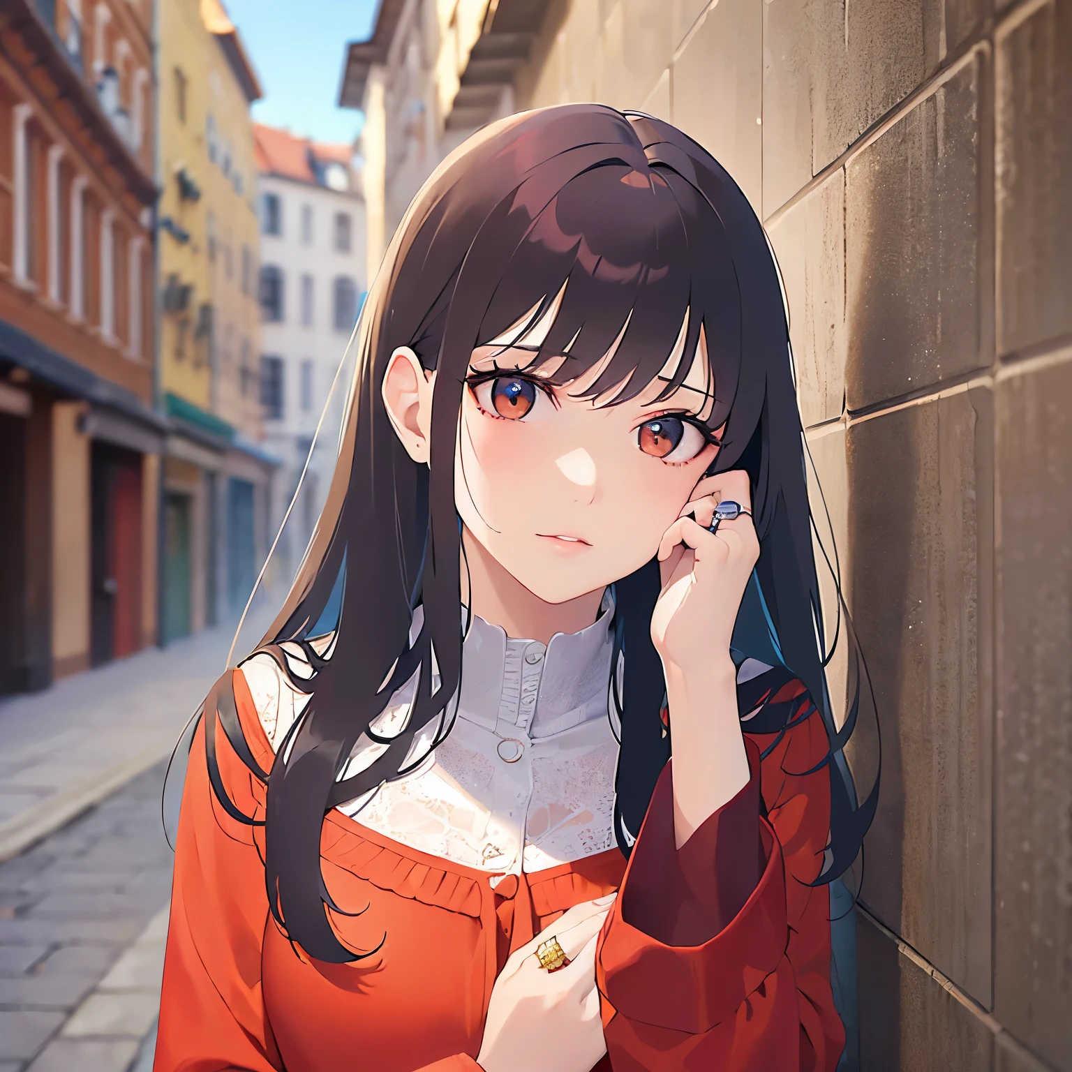 (looking away:1.5),(ring:1.5), (hand on own cheek:1.5)、
Realistic, real person, (pale skin: 1.2), RAW photo, photorealistic, shiny skin, shiny hair、
(A 25-year-old woman with medium-length hair and bangs) and (wavy hair) and (brown hair) and (orange eyes),
Red dress、expressionless,(alone:1.5)
