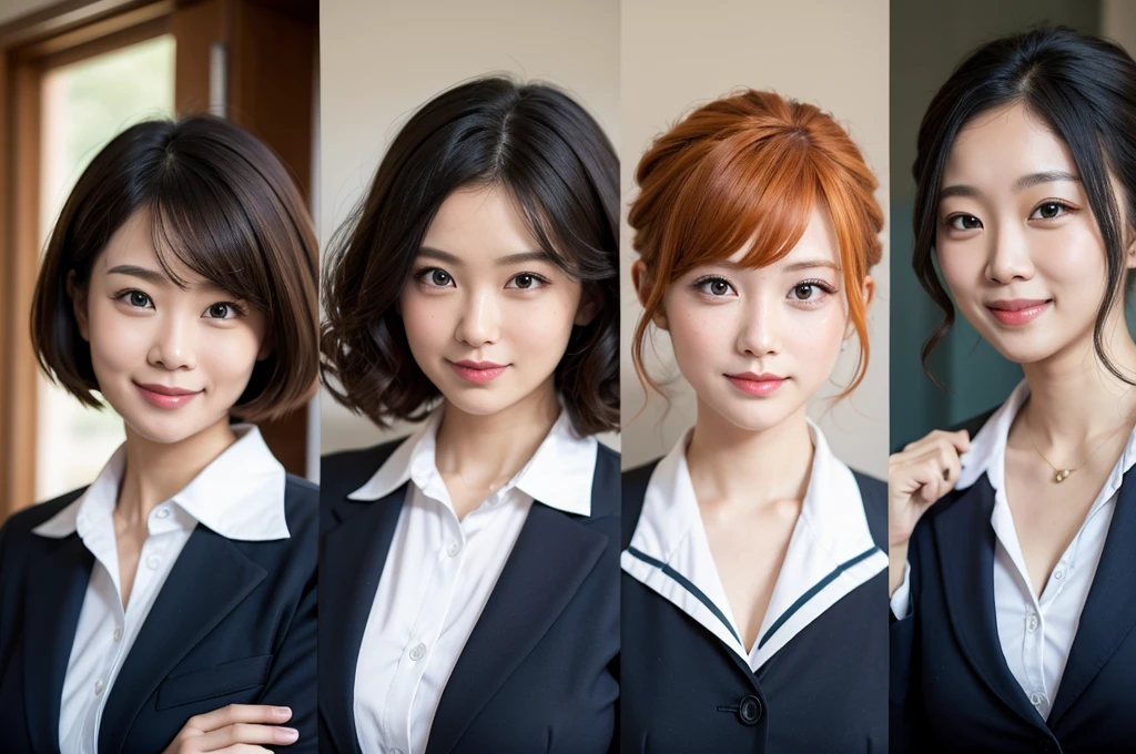 three sexy women in teacher outfits, looking at camera cute smiles, happy opened mouths, close up faces portrait, short curly orange hair