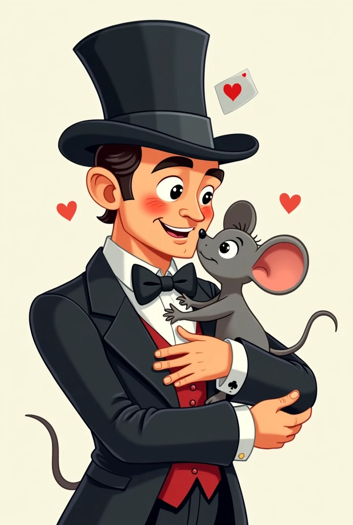 Cartoon illustration of an elegant magician with a playing card in his hat hugging a grey mouse in love