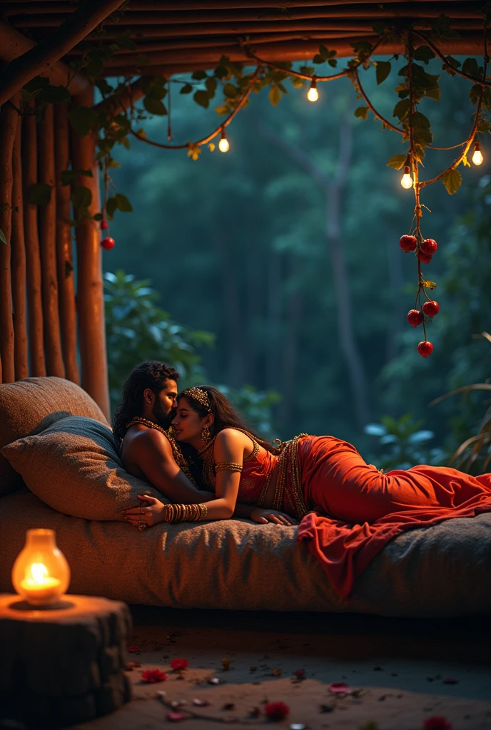 Radha krishna romantic hug in a jumgle hut in the night, lying over a wooden bed. Image from a distance.