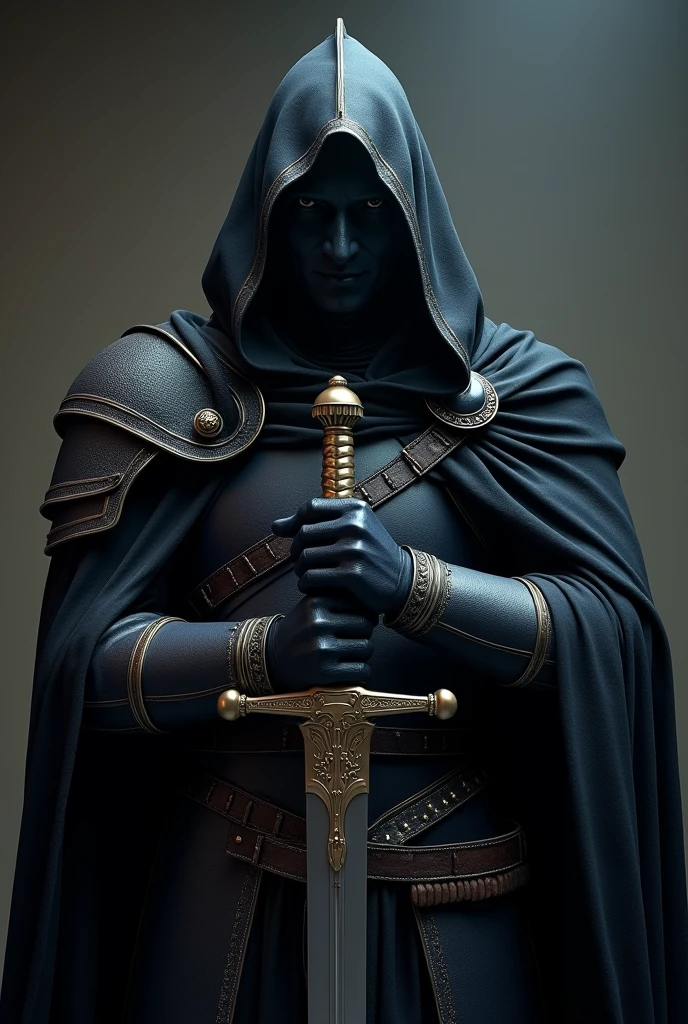 a dark knight with a black cloak, holding a two-handed sword, dark supernatural armor, golden line details, (best quality,4k,8k,highres,masterpiece:1.2),ultra-detailed,(realistic,photorealistic,photo-realistic:1.37),detailed eyes,detailed face,extremely detailed armor,dramatic lighting,cinematic scene,dark fantasy,dark moody atmosphere