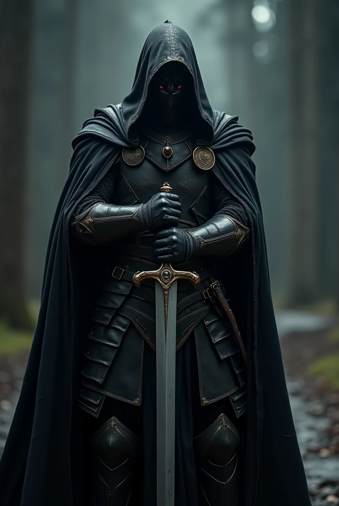 a dark knight with a black cloak, holding a two-handed sword, dark supernatural armor, golden line details, (best quality,4k,8k,highres,masterpiece:1.2),ultra-detailed,(realistic,photorealistic,photo-realistic:1.37),detailed eyes,detailed face,extremely detailed armor,dramatic lighting,cinematic scene,dark fantasy,dark moody atmosphere