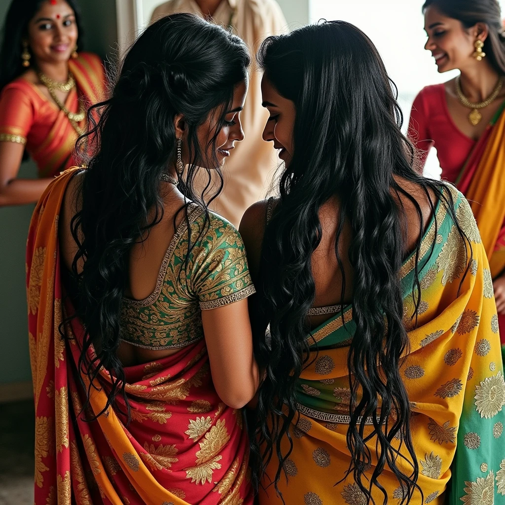 {{YOUNGER INDIAN LADIES IN SAREES WITH OIL BATH WET HAIRS KEEPING ALL PARAMETRS SAME AS PER IMAGE PROMPT}}}},{{{Hairs Exaclty in the image prompt}}}}},