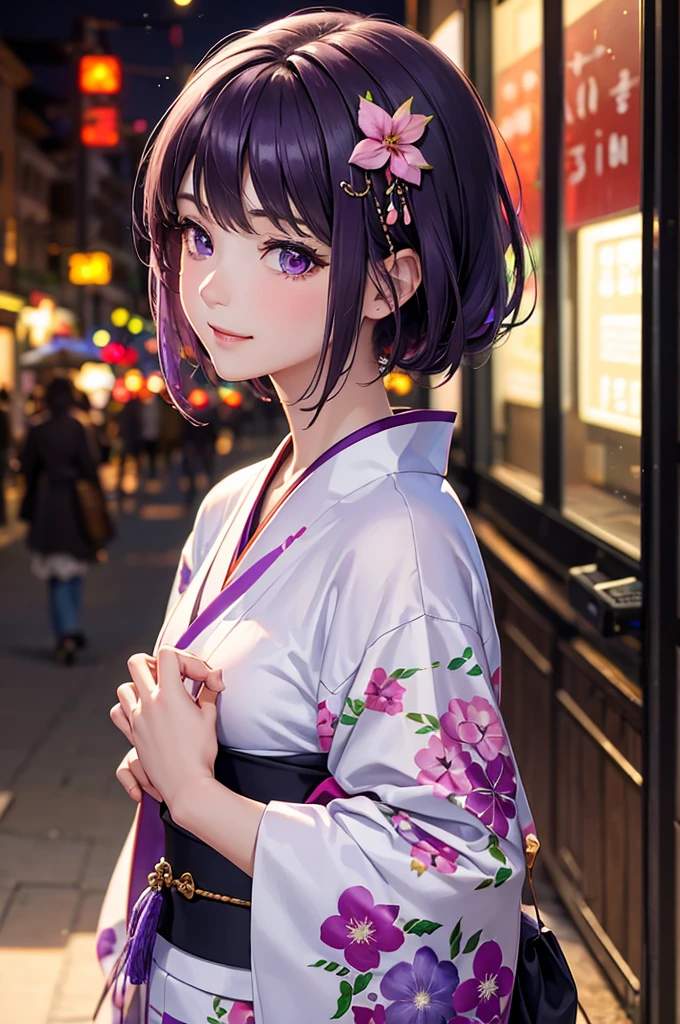 Best Quality,High resolution,8k,finelity detailed background,Masterpiece:1.2),beautiful girl,Shiny purple hair,bob cut,Purple Eyes,Gentle look,A refreshing look,smile,Best quality,Best Quality,Aesthetic and aesthetic:1.2,Best details((Super detailed))(High-definition CG illustrations),kimono,yukata,Slender body,night,festival,smile,blush,cute,Scrounge,Looking up,Being spoiled,super model