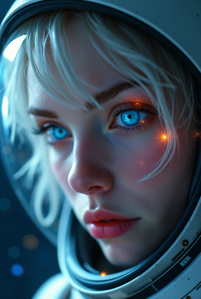 (Close-up of a better masterpiece:1.5)0.9], (Space and astronauts:1.2) (Messy silver hair:1.1) (Heterochromia xanthochromia and blue eyes:1.2) (Space Helmet:1.0) (Colored stars in the eyes:1.0) (A radiant glow:1.1) (thick lips:0.9)