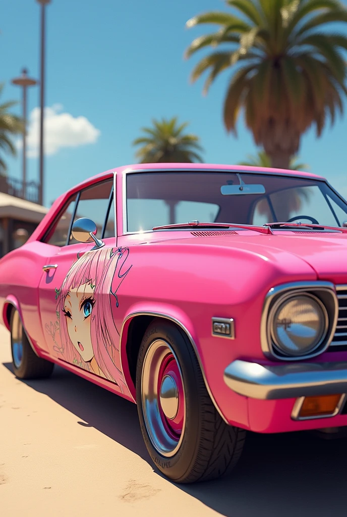 Pink classic Opala car with bikini anime girl decal