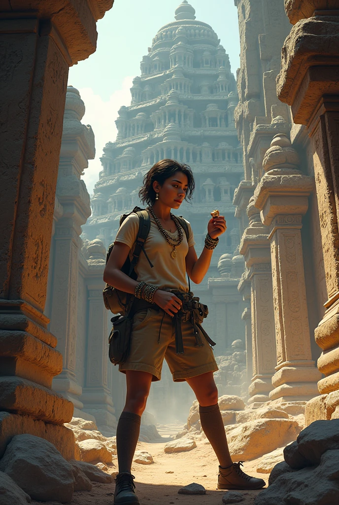Create poster for mythological mystery novel in marathi. With Ellora kailas mandir at background and a modern archiologist girl with metal bracelet
