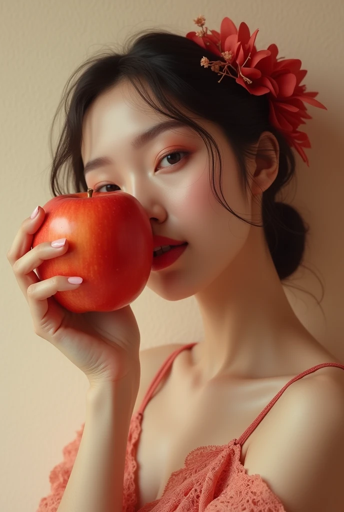 Woman holding an apple in front of her face and smiling, a digital rendering by Aleksander Gierymski, shutter, art nouveau, Agape Mouth, eating rotting fruit, mouth is simple and pleasant, with apple, imageio de perfil, apple, tooth, red apple, apples, she is eating a peach, closeup photograph, imageio, illustration]
