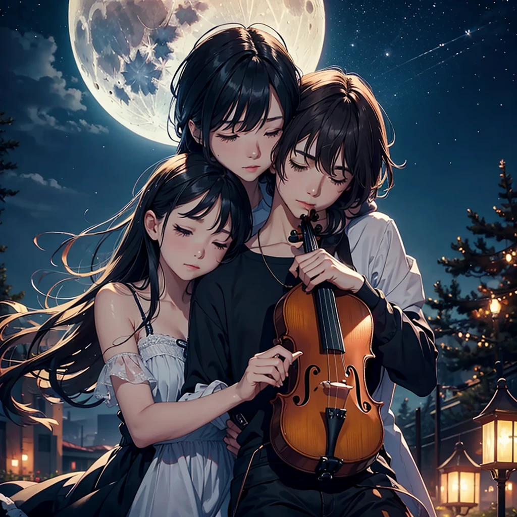 A romantic and emotional scene set under a night sky. A person is playing a violin, their fingers dancing gracefully on the strings. The moon is shining softly above, casting a gentle glow over the scene. The atmosphere is filled with a sense of nostalgia and passion, as the music seems to bring memories to life. The surrounding is serene and intimate, evoking a sense of deep connection and harmony between the person and their instrument, with the melody of love and longing resonating in the air