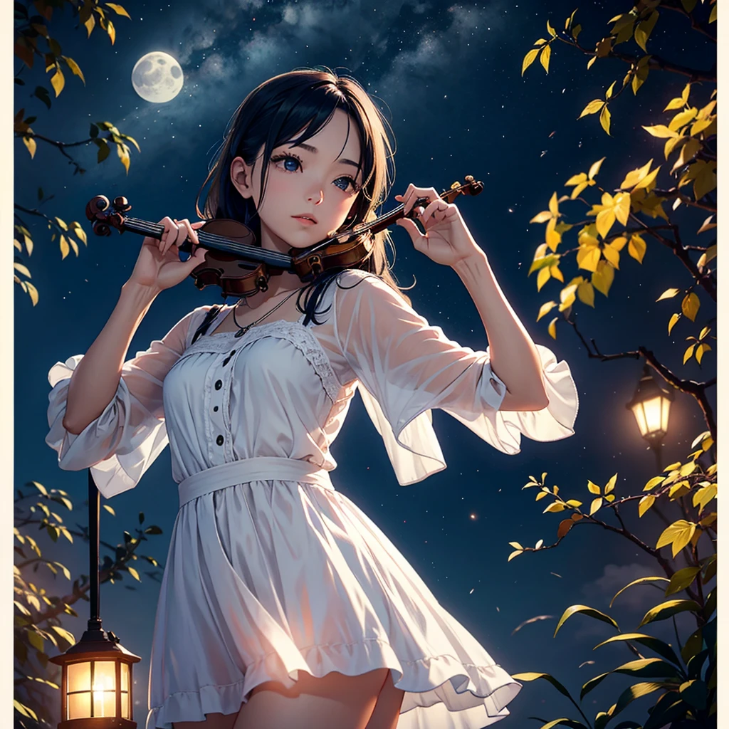 A romantic and emotional scene set under a night sky. A person is playing a violin, their fingers dancing gracefully on the strings. The moon is shining softly above, casting a gentle glow over the scene. The atmosphere is filled with a sense of nostalgia and passion, as the music seems to bring memories to life. The surrounding is serene and intimate, evoking a sense of deep connection and harmony between the person and their instrument, with the melody of love and longing resonating in the air