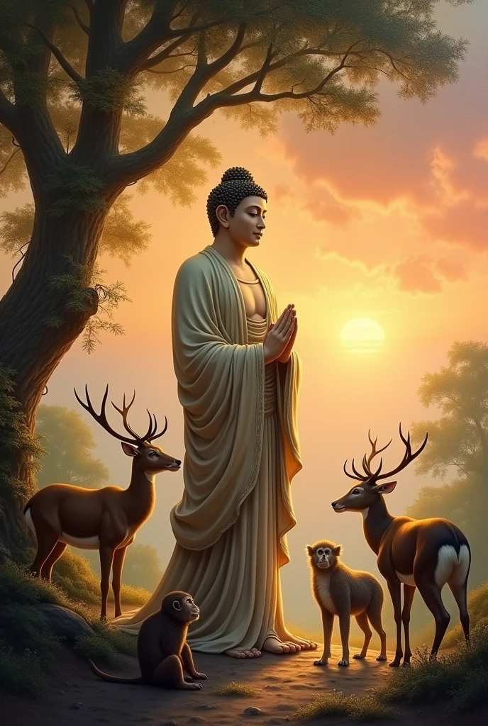 Buddha charitably upon the animals , standing under the tree, sunset time