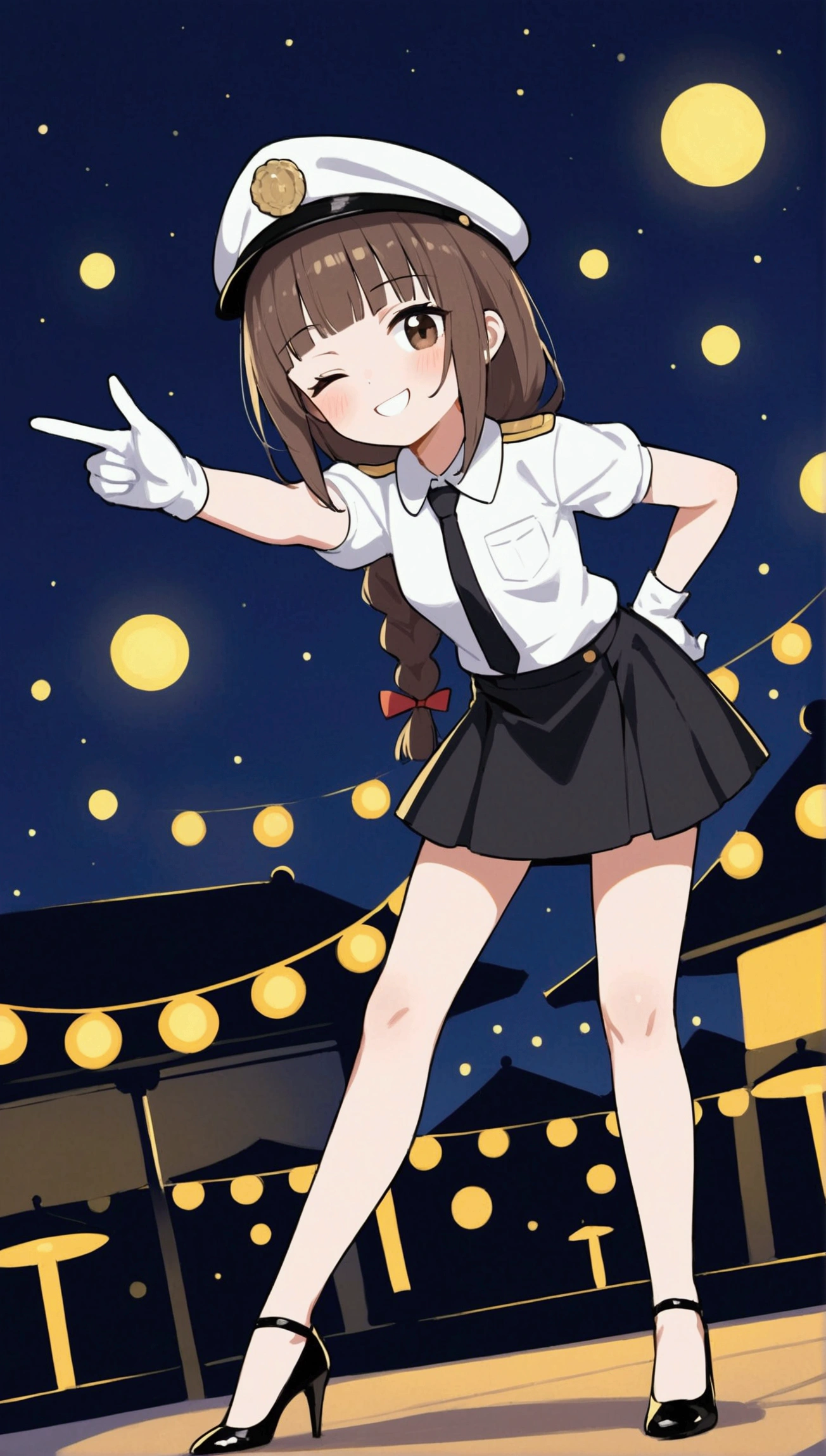 {Highest quality}, {Super beautiful},{Ultra fine},{Best illustration},Brown Hair,Hime cut,long hair,Braid,One woman,Standing Woman,Strike a pose,smile,smilingly,Smile,Wink,Uniform cap,White Shirt,Short sleeve,Long black skirt,White gloves,Summer Festival at Night,Blushing,Slender,Black stiletto heels,barefoot,From an angle,From below,Leaning forward,Put one hand on your hip