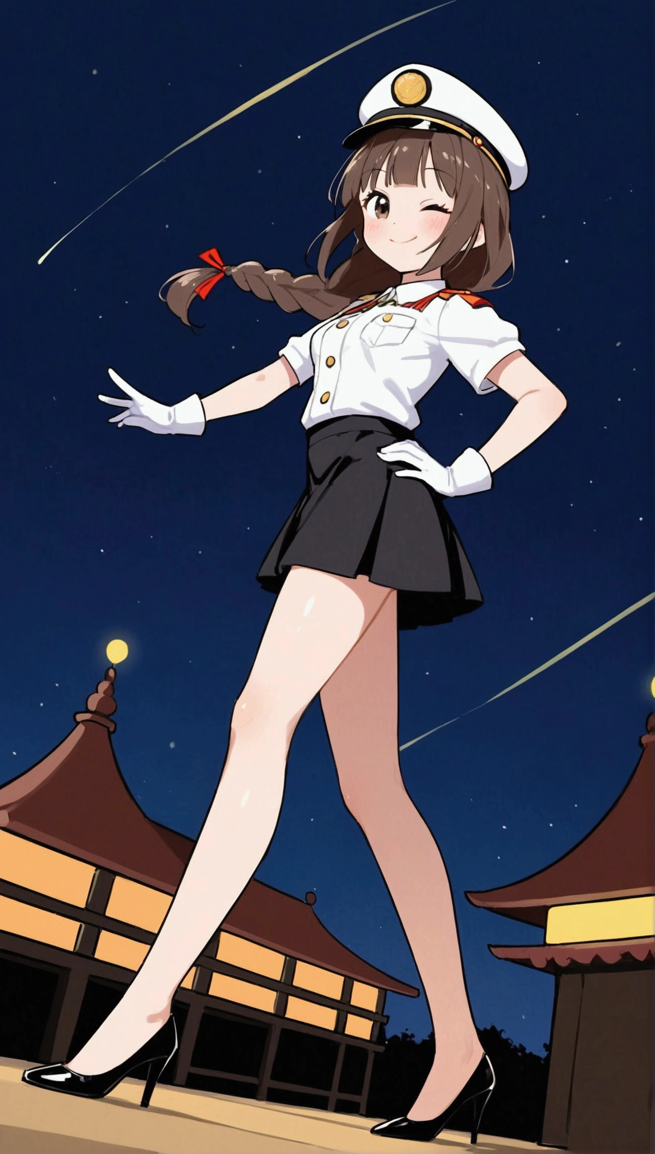 {Highest quality}, {Super beautiful},{Ultra fine},{Best illustration},Brown Hair,Hime cut,long hair,Braid,One woman,Standing Woman,Strike a pose,smile,smilingly,Smile,Wink,Uniform cap,White Shirt,Short sleeve,Long black skirt,White gloves,Summer Festival at Night,Blushing,Slender,Black stiletto heels,barefoot,From an angle,From below,Leaning forward,Put one hand on your hip