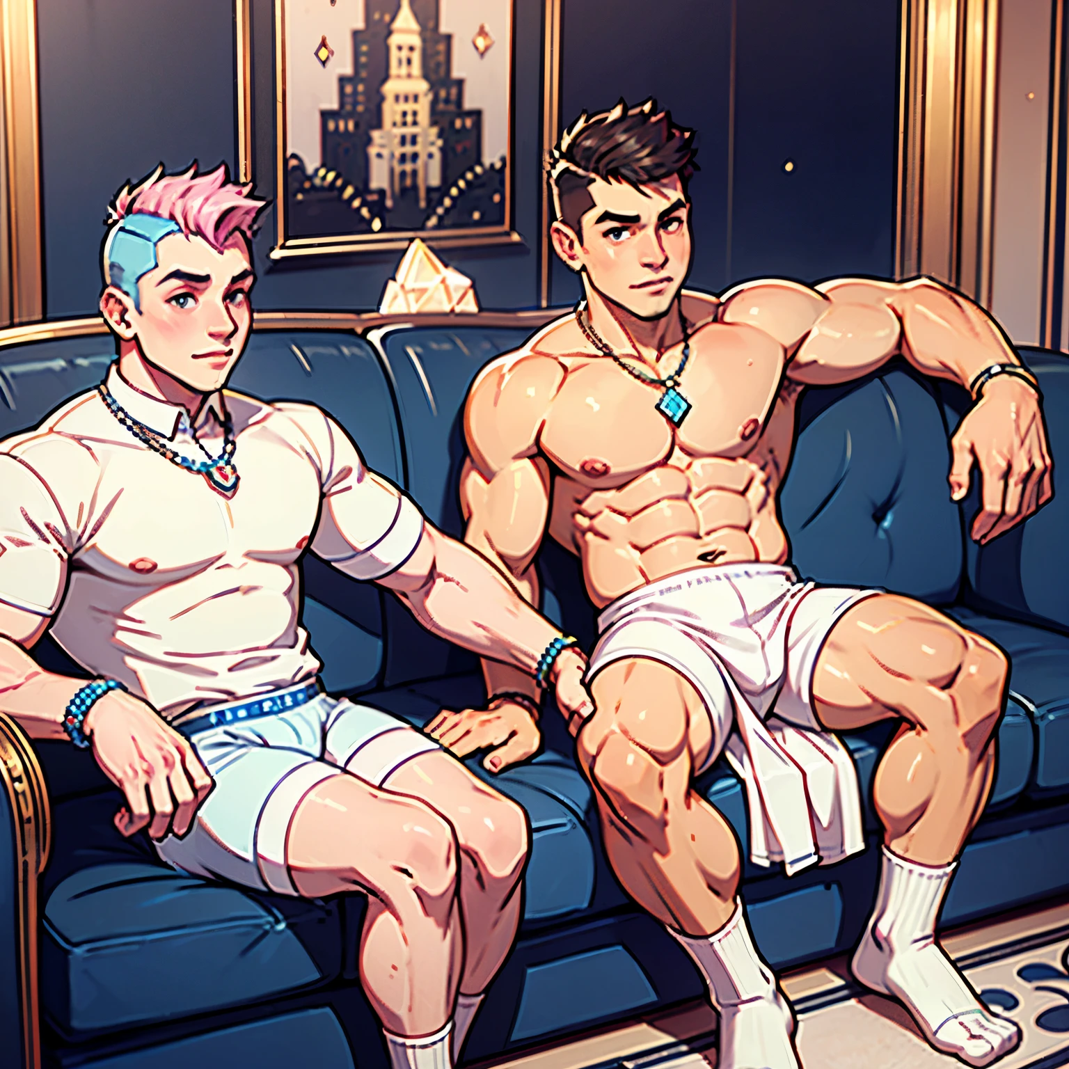 full view full body, two young white european gay cute different boys with fashion undercut haircuts, with no beard, wearing crystal blue fashion outfits, lots of jewelery, in white sheer socks, no shoes, in deep love on a pink fluffy couch in luxurious parisian hype-fashioned appartment