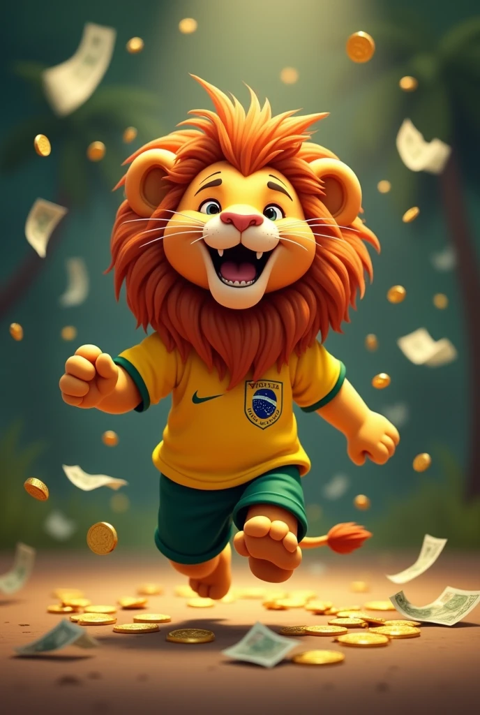 happy little lion, rain of money falling little lion with big mane, Pixar Lion, animation style, earning coins, notes on the floor, little lion jumping, happy little lion, little lion with brazilian shirt, Brazilian jersey, extremely happy little lion, even happier, coins falling big coins, small coins, rain of money, digital background, cryptocurrency fund