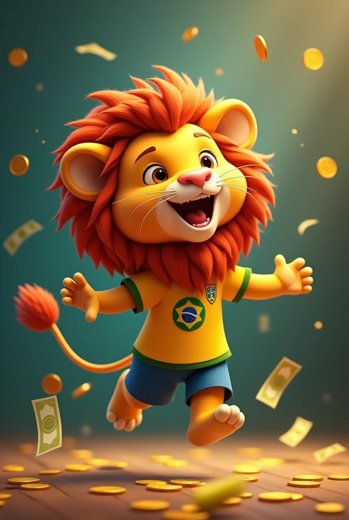 happy little lion, rain of money falling little lion with big mane, Pixar Lion, animation style, earning coins, notes on the floor, little lion jumping, happy little lion, little lion with brazilian shirt, Brazilian jersey, extremely happy little lion, even happier, coins falling big coins, small coins, rain of money, digital background, cryptocurrency fund