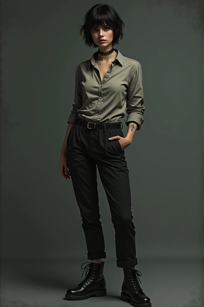 A woman wearing a boyish outfit with have gemini tattoo at her neck