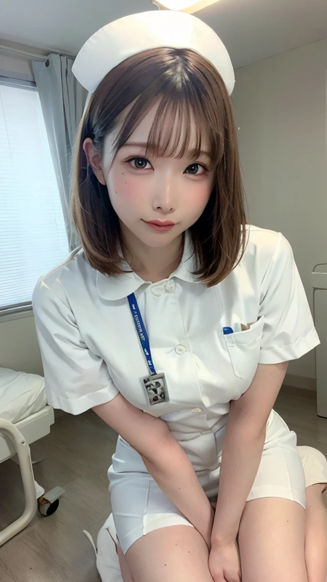 1 girl,(Wearing white nurse clothes:1.2),(RAW Photos, highest quality), (Realistic, photo-Realistic:1.4), masterpiece, Very delicate and beautiful, Very detailed, 2k wallpaper, wonderful, finely, Very detailed CG unity 8k wallpaper, Very detailed, High resolution, Soft Light, Beautiful detailed girl, Very detailed eyes and face, Beautiful and detailed nose, finely beautiful eyes, nurse, Perfect Anatomy, Black Hair, Upstyle, nurse uniform, (()), Long skirt, nurse, White costume, thin, hospital, clear, White Uniform, hospital room, Neck auscultation,Bobcut、Sit with your knees apart