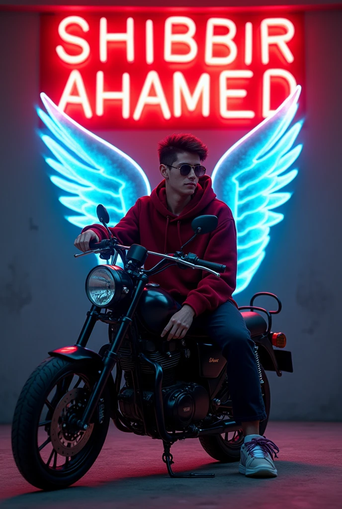 Create a 3d illusion for a profile picture where a 20-year-old cute boy in a dark red hoodie sitting casually on a black cycle. Wearing sneakers and sunglasses, he looks ahead. the background feature is "SHIBBIR AHAMED" in a big and capital red neon light fonts on the dark grey wall. and there are blue neon glow wings to make it appear as if he is an angel. 