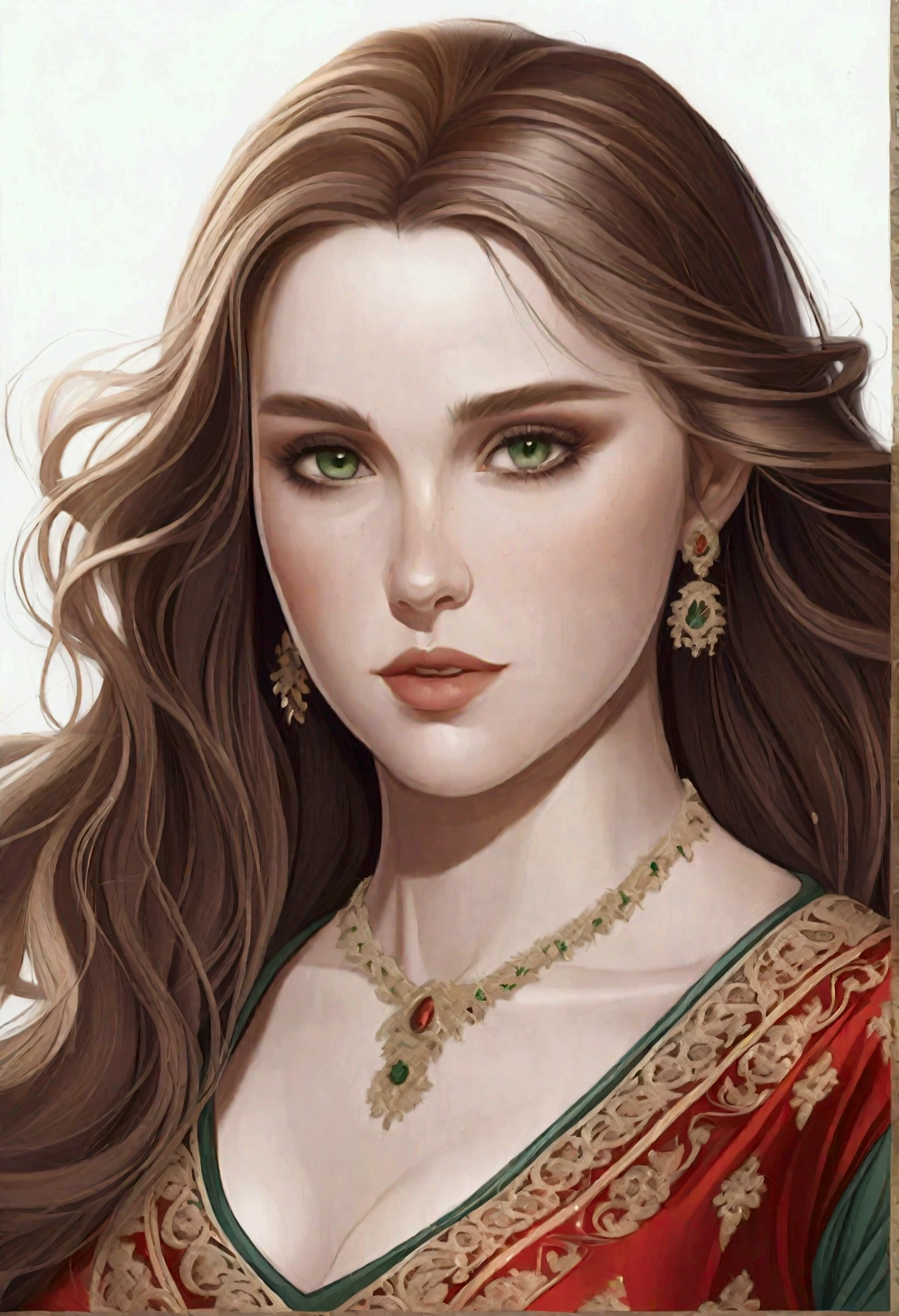 22 years old woman, with piercing green eyes, with wavy reddish brown hair. She is wearing red lingerie while kneeling on the floor.. She looks at him still with a look of shyness. On his face and back there are splashes of whitish liquids.