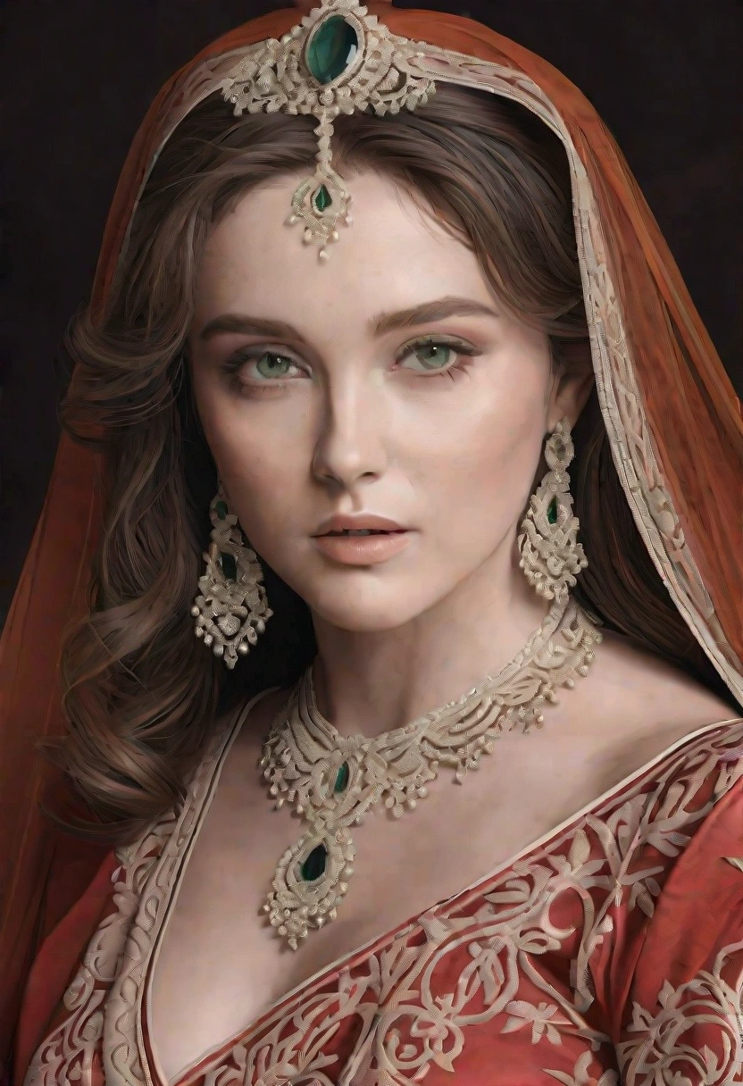 22 years old woman, with piercing green eyes, with wavy reddish brown hair. She is wearing red lingerie while kneeling on the floor.. She looks at him still with a look of shyness. On his face and back there are splashes of whitish liquids.