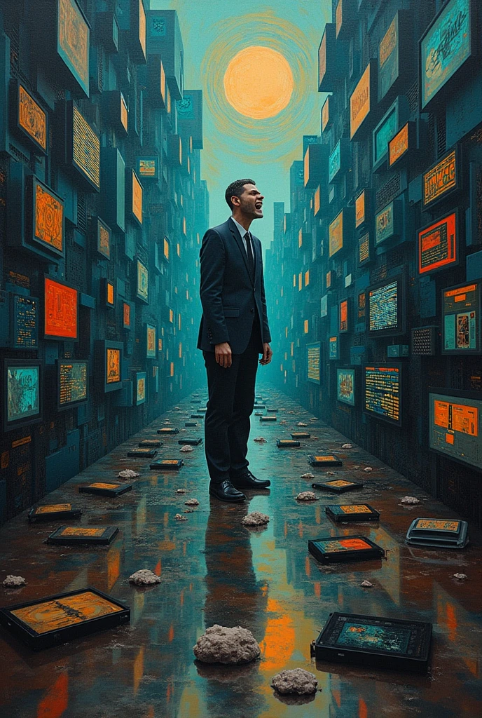 Reinterpretation of the work The Scream, showing the alienation of human beings in technologies