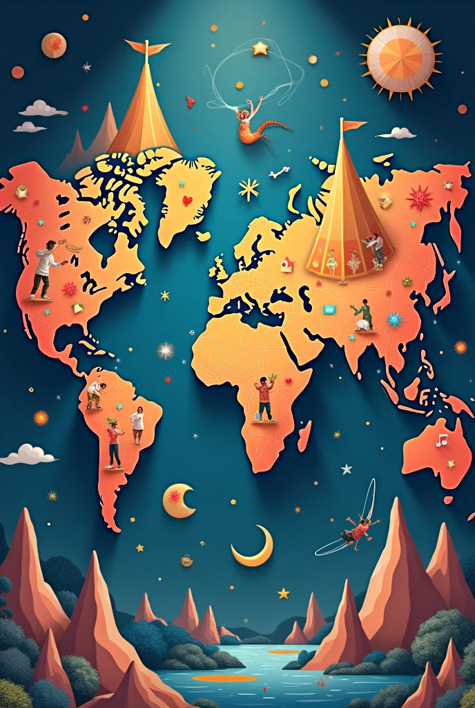 World map composed of theater, Dance, music and circus