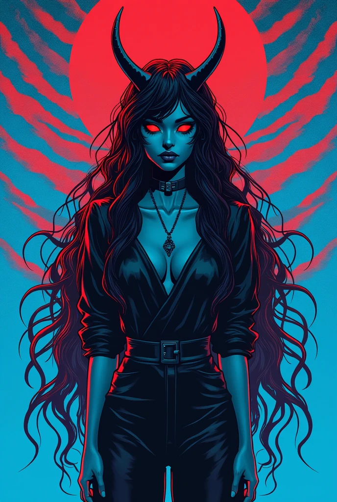 A retro-style illustration of the female demon Versooro, with long curly hair and glowing red eyes standing in front of an electric blue background with a symmetrical red zebra stripes pattern.