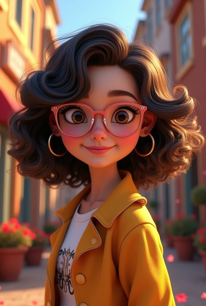 Encanto mirabel inspired girl, shoulder length multilayer haircut side parted curly hairstyle, wearing specs, and designer outfit, high quality 