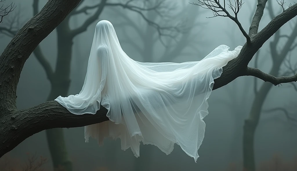 A Ghost White Cloth sit on tree
