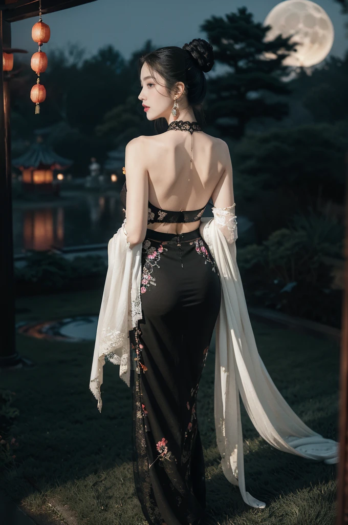 (((best quality))),(((ultra detailed))),(((masterpiece))),illustration,((1 beautiful girl,solo)),(bun hair:1.2),(Ghostly makeup:1.3),(fair skin:1.5),(red lips:1.2),((earrings,necklace)),((slim,thin)),((bare back,towering hips,butt crack)),(black floral embroidered lace bellyband:1.5),(thigh loop:1.3),(stockings:1.3),(standing:1.3),(A huge moon in the sky:1.3),(moonlit Chinese garden courtyard:1.3),(Ghost Festival:1.3),(Ghostly flames are drifting in the air:1.3),elegant and sophisticated,intricate patterns,curves,dark color,striking visual appeal,ethereal,enchanting,ghostly black blossoms,swaying branches,stone pathways,moss,eerie shadows,ancient pavilion,intricate wooden structure,mystery and intrigue,cicadas chirping,auditory symphony,embodiment of the festival's spirit,bathed in the moon's glow,delicate features,raven-black hair,waterfall of darkness,moon's luminance,captivating allure,sleek fabric,clung to frame,accentuating curves,highlighting beauty,striking appearance,ethereal beauty,hauntingly beautiful scene,captured essence,blend of beauty and mystery,(night scene:1.3),((from back,upper body))